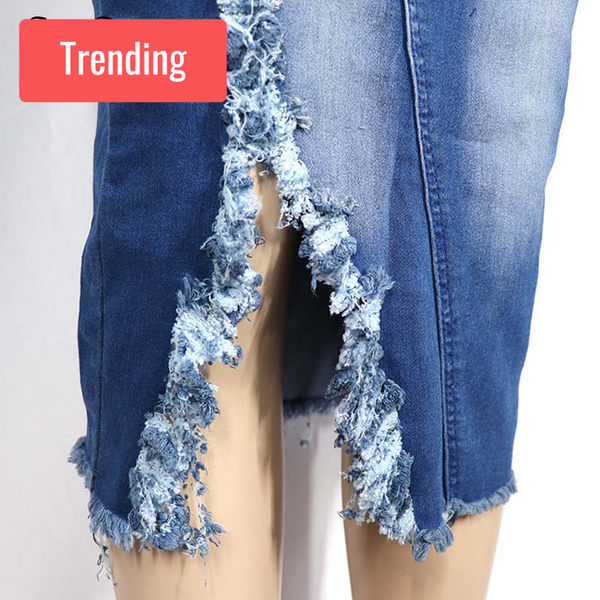 Trendy Crop Top Jean Jacket With Long Jean Asymmetrical Rigged Skirt