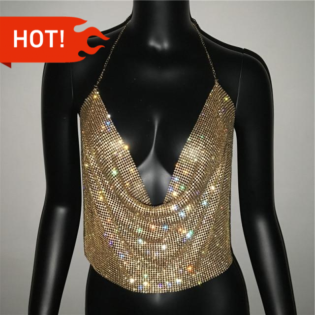 Trendy Festival Rhinestone Backless Party Crop V Neck Top