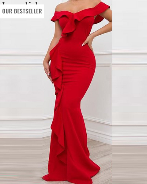 Trendy Red Off Shoulder Ruffles Mermaid Dress