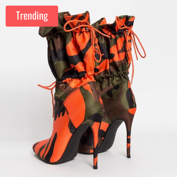 Trendy Camouflage Drawstring Heel Boots