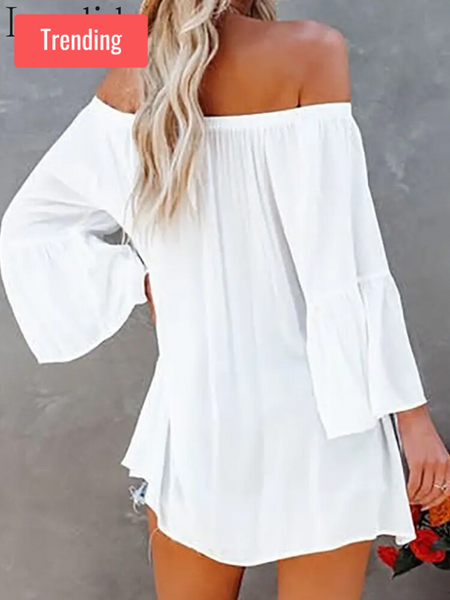 Trendy Off Shoulder Bell Sleeve Lace Patchwork Blouse