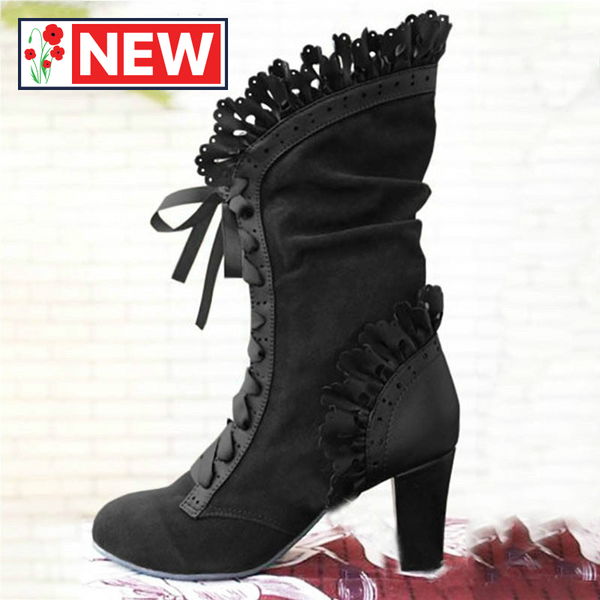 Trendy Suede Lace Up Leather Floral High Heel Boots