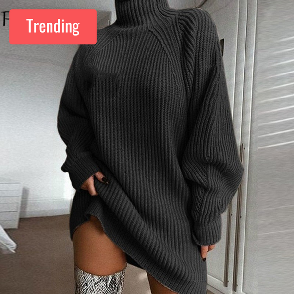 Trendy Turtleneck Long Sweater Tunic Dress