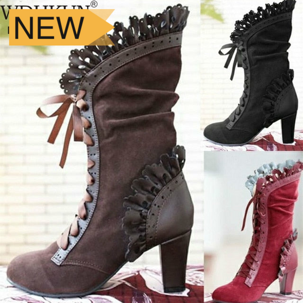 Trendy Suede Lace Up Leather Floral High Heel Boots