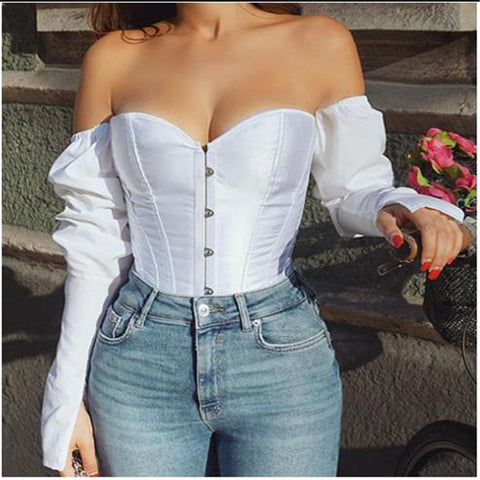 Trendy Off Shoulder Blouse Lady Girls Fashion Back Bandage Slim Bustier Female Leotard Corset Ladies' Solid Tops Wear