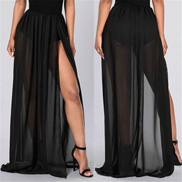 Trendy High Waist Transparent Maxi Style Skirt With Side Split