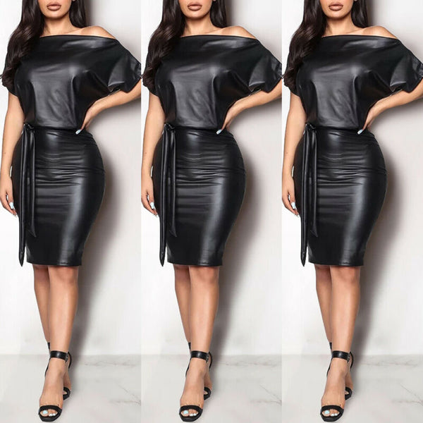 Trendy Fashion Leather Off The Shoulder Black Dress
