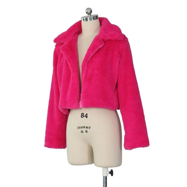 Trendy Fashion Faux Fur Cropped  Coat With Open Stitch.