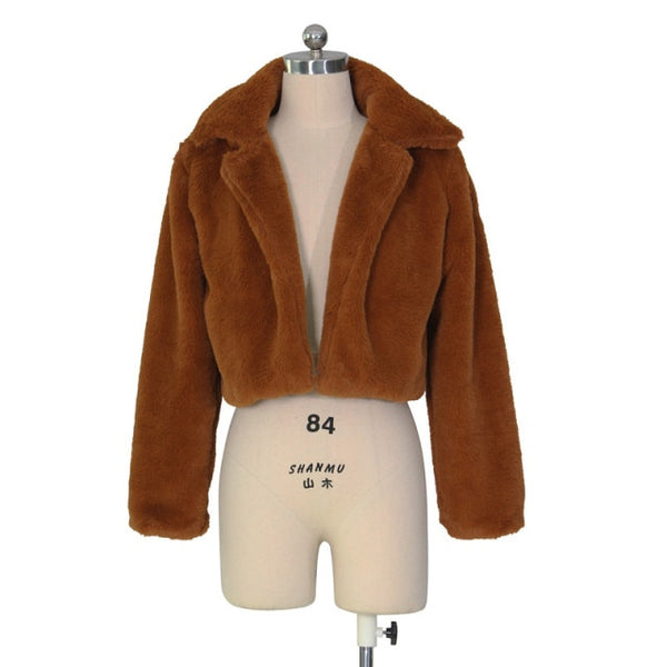 Trendy Fashion Faux Fur Cropped  Coat With Open Stitch.