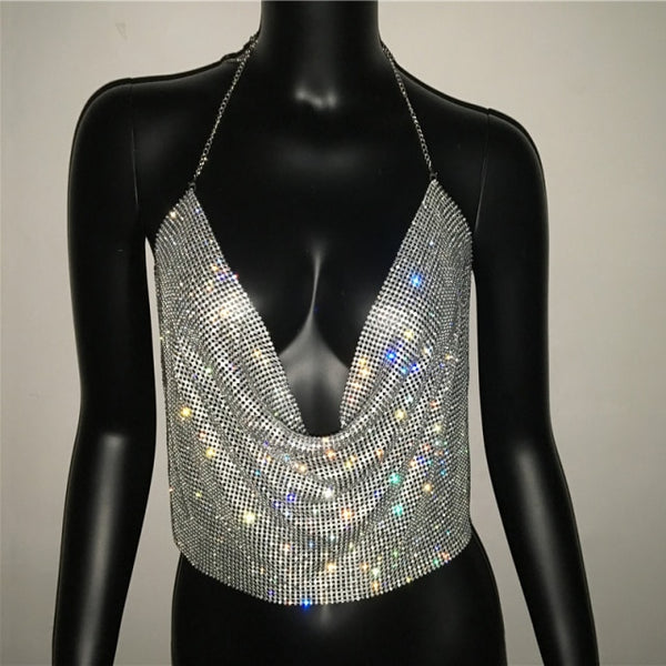 Trendy Festival Rhinestone Backless Party Crop V Neck Top