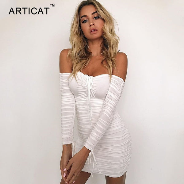 Trendy Sexy Off The Shoulder Long Sleeve Elastic  Party Dress