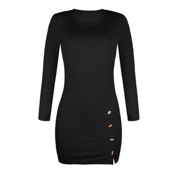 Trendy Side Split Long Sleeve Mini Dress With Fashion Buttons