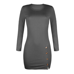 Trendy Side Split Long Sleeve Mini Dress With Fashion Buttons