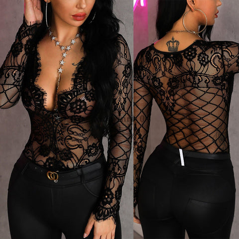 Trendy Hollow Out Lace Leotard Long Sleeve Jumpsuit