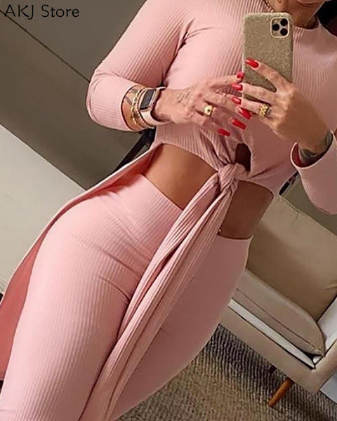 Trendy Solid Knotted Top & High Waist Pants Set