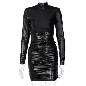 Trendy Mini Leather Turtleneck Dress