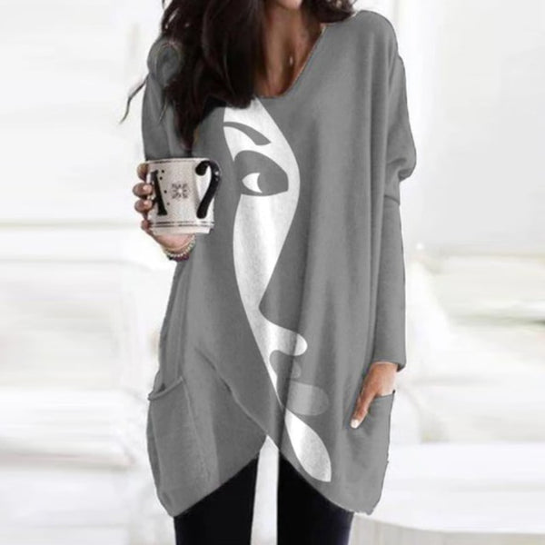 Trendy Cozy Abstract Face Print Shirt With Long Sleeves and Pockets