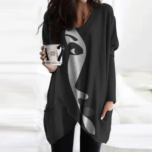 Trendy Cozy Abstract Face Print Shirt With Long Sleeves and Pockets