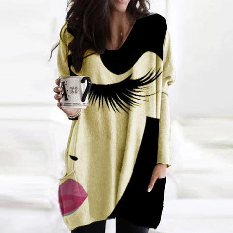 Trendy Cozy Abstract Face Print Shirt With Long Sleeves and Pockets