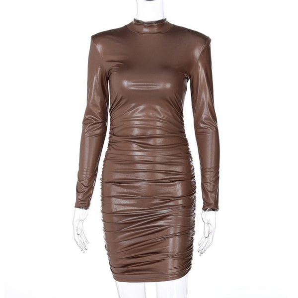 Trendy Mini Leather Turtleneck Dress
