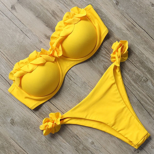 Trendy Sexy Push Up Bra with Ruffle Thong Bikini Set