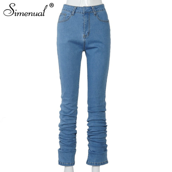 Trendy Blue High Waist Stacked Jeans