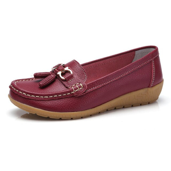Trendy Genuine Leather Slip On Rubber Sole Loafers With Tassel