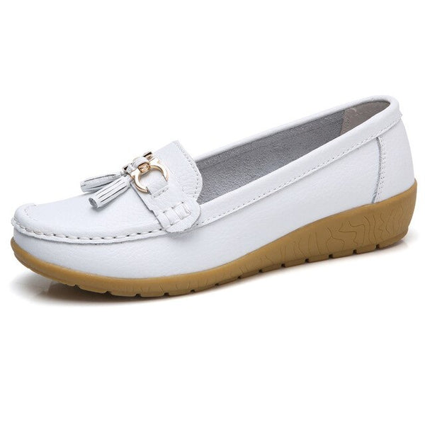 Trendy Genuine Leather Slip On Rubber Sole Loafers With Tassel