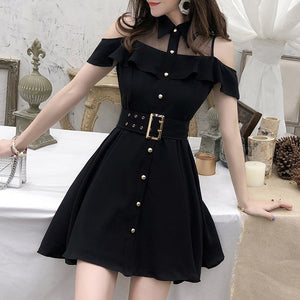 Trendy Black Office Mini Dress With Belt