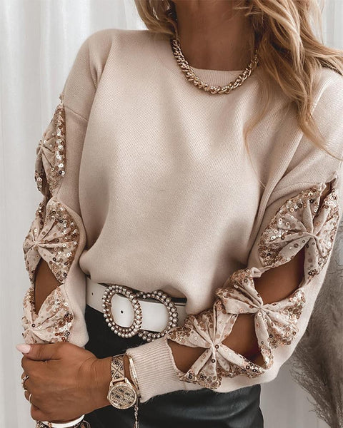 Trendy Sequin Bowknot Hallow Out Long Sleeve Shirt