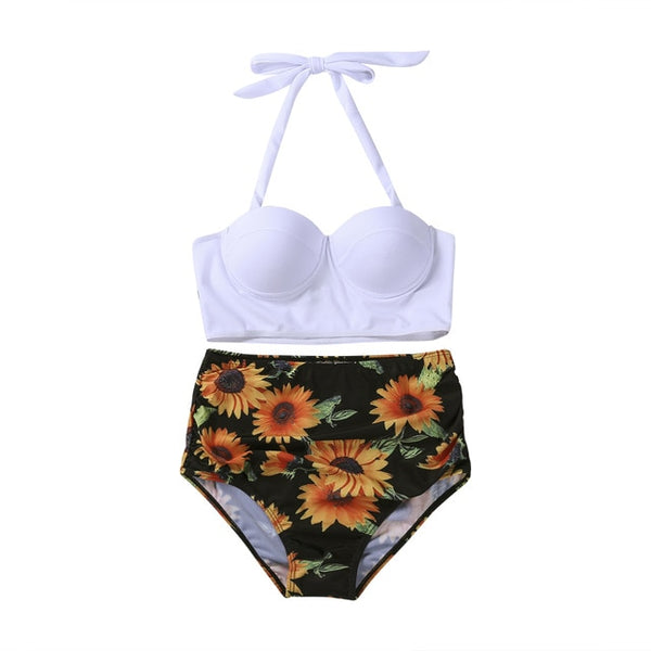 Trendy Floral High Waist Bikini Set With Push Up Crop Top Bra