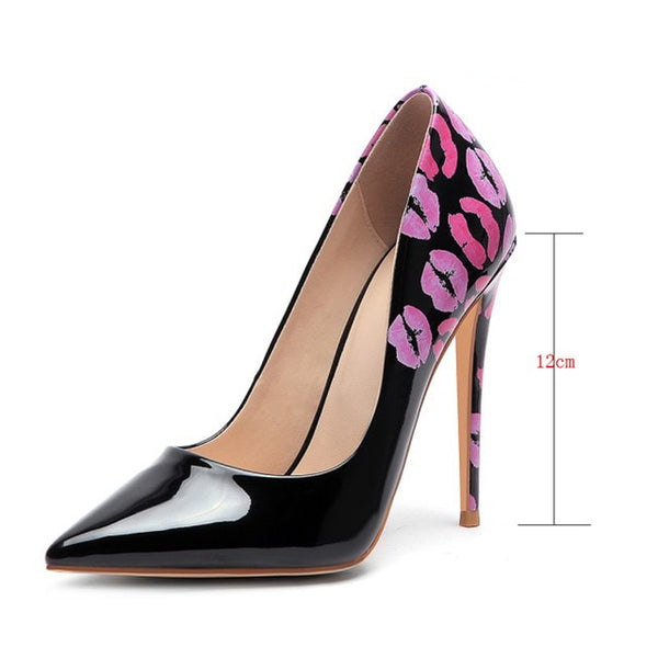 Trendy Graphic Lip Pattern Pointed Toe High Heel Shoes