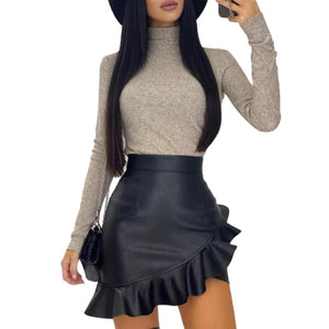 Trendy Leather Ruffle Asymmetric Women Mini High Waist Skirt