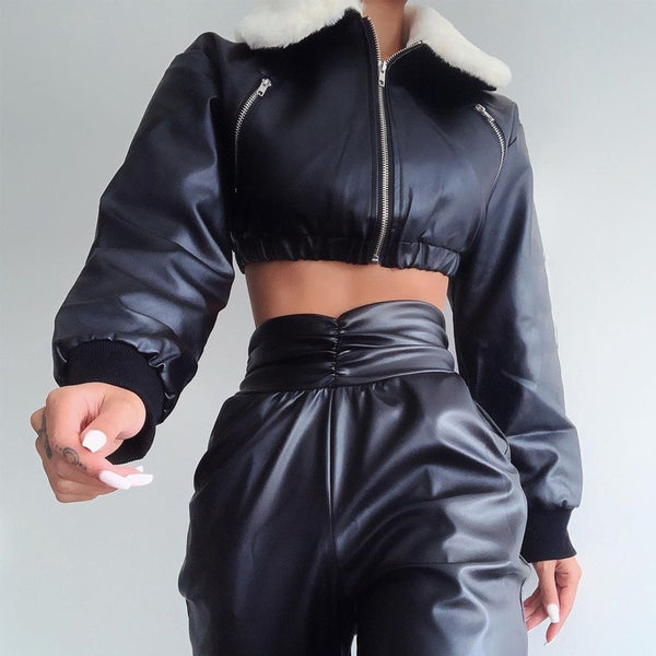 Trendy Long Sleeve Zip Up Solid Faux Fur Cropped Coat