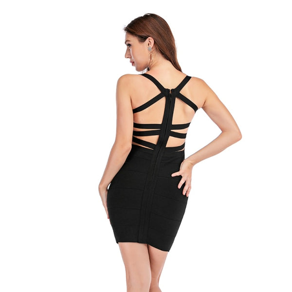 Trendy Party Bandage Black Hollow Out V-Neck Sleeveless Dress