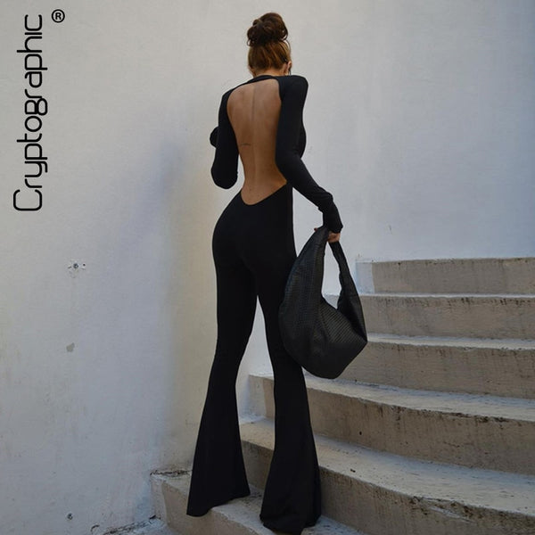 Trendy Black Sexy Backless Flare Pants Jumpsuits