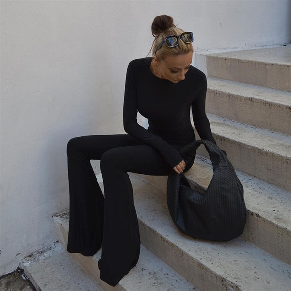 Trendy Black Sexy Backless Flare Pants Jumpsuits
