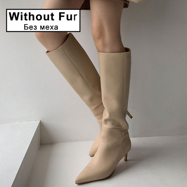 Trendy Genuine Leather Pointed Toe High Boots