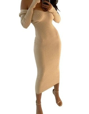Trendy Long Sleeve  Solid Color Low Cut Long Knitted Dress