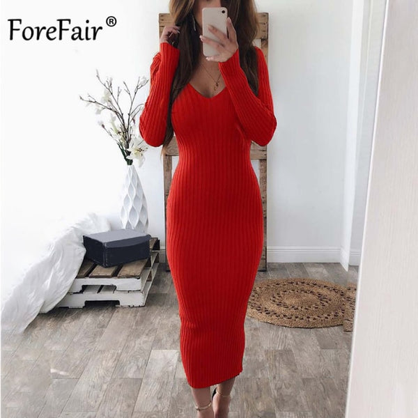 Trendy Long Sleeve  Solid Color Low Cut Long Knitted Dress