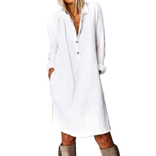 Trendy Fall Casual Long Sleeve Solid Color Cotton Linen Dress