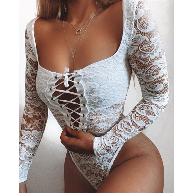 Trendy Hollow Out Lace Crossed Bodysuit