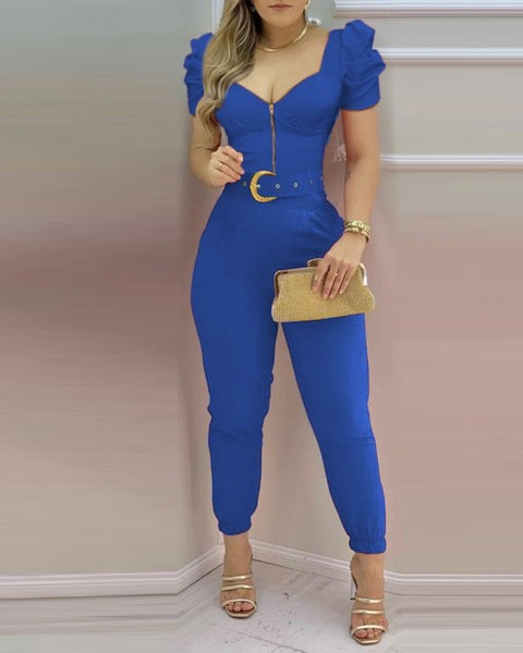 Trendy Puffed Sleeve Jumpsuit With Belt