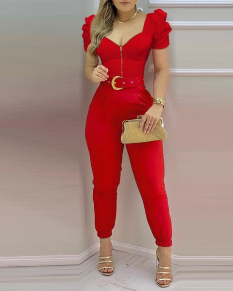 Trendy Puffed Sleeve Jumpsuit With Belt