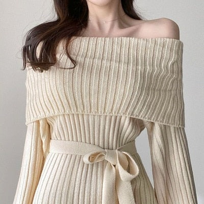 Trendy Long Sleeve Knitted Folded Down Collar Sweater Dress With Belt