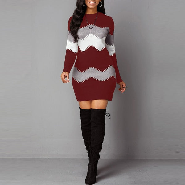 Trendy Wave Striped Long Sleeve Sweater Dress