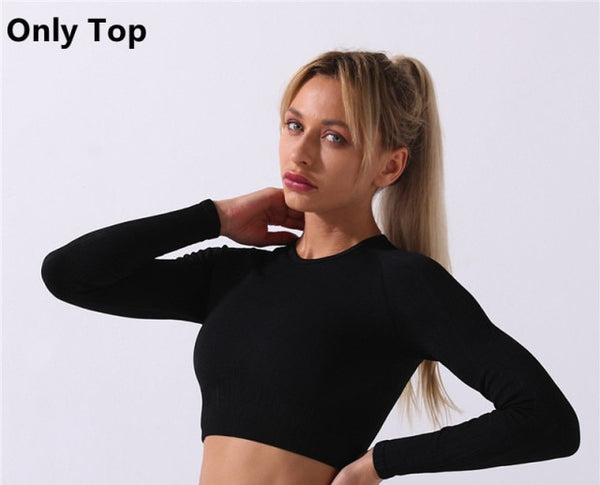 Trendy Seamless Yoga Long Sleeve Crop Top And Leggings Set