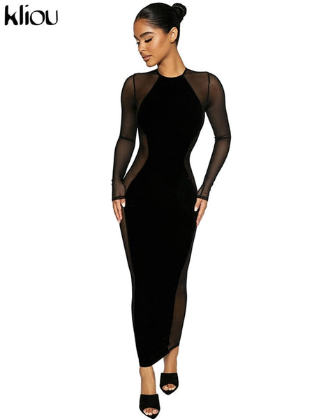Trendy Black Mesh Velvet Maxi Dress