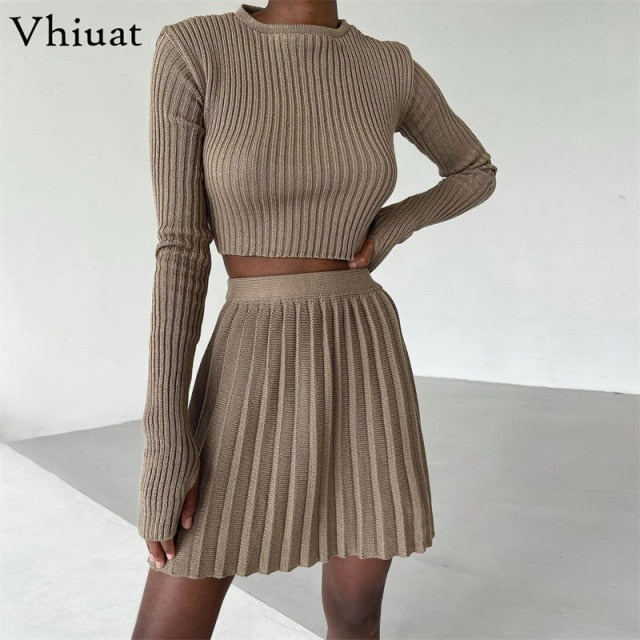Trendy Winter Knitted Pleated Crop Top And Skirt Set