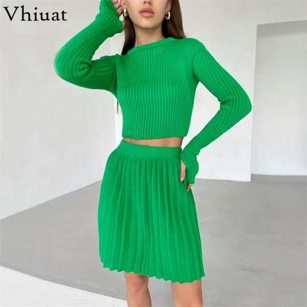 Trendy Winter Knitted Pleated Crop Top And Skirt Set